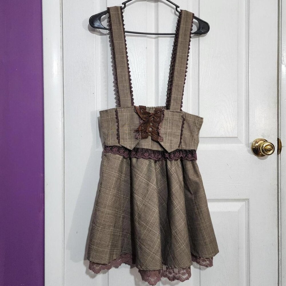Vintage Brown Plaid Axes Femme Suspender Skirt
